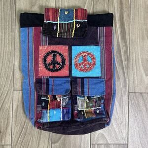 Vintage 90s Boho Hippie Backpack Nepal Peace Sign Festival Patchwork Bag